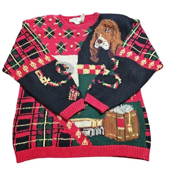 Vtg 1990 Eagles Eye Tartan Plaid Sweater Sz M Hound Dog Pipe Ugly Christmas - Picture 2 of 12